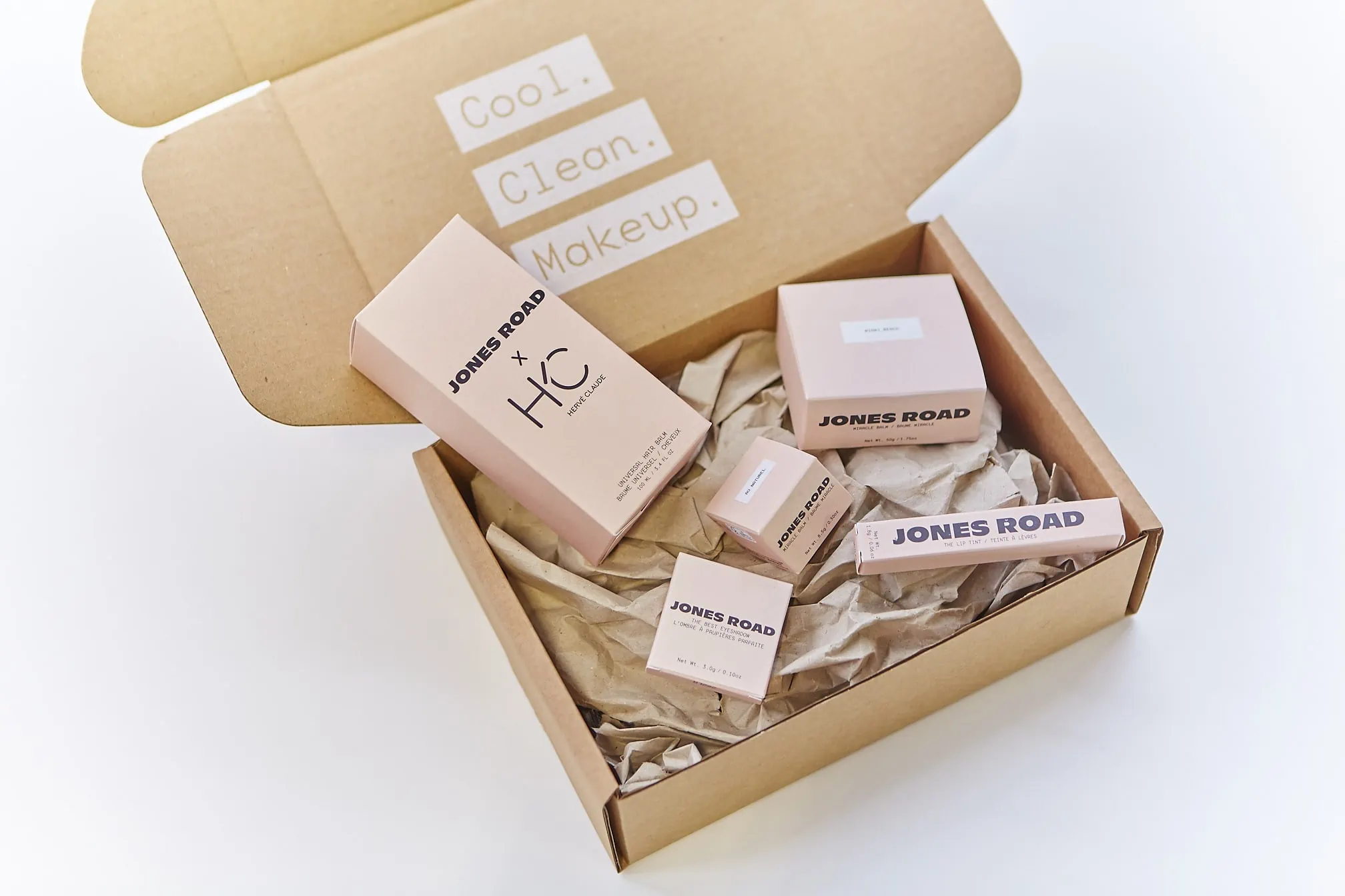 Jones Road Beauty products in e-commerce cardboard packaging