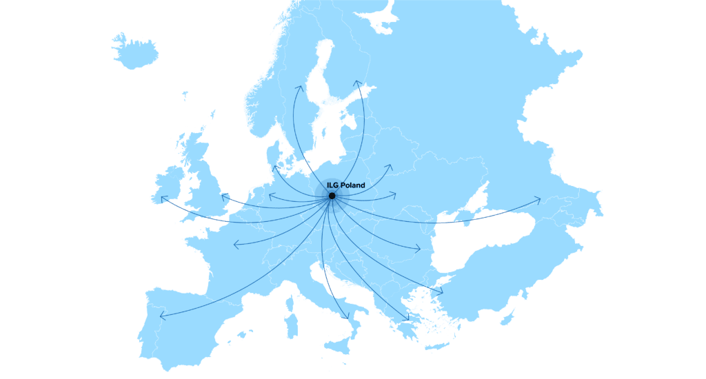 Map of Europe with lines showing distribution reach from ILG Poland