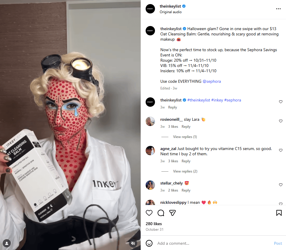 screenshot of inkey list instagram post showing lady in halloween make up using a product